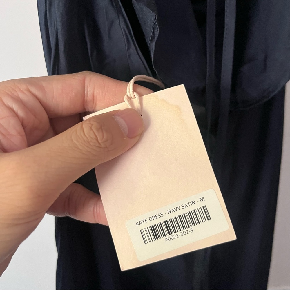 NWT ANDJELA Kate navy blue satin draped cowl sleeveless slip midi dress - Picture 5 of 7